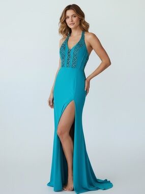 Jovani Corset Aqua Blue Halter Rhinestone Prom Pageant Maxi Dress -8 NEW D5034A